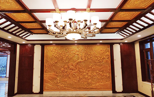 锦州中式别墅客厅中式木作横梁吊顶装饰展示