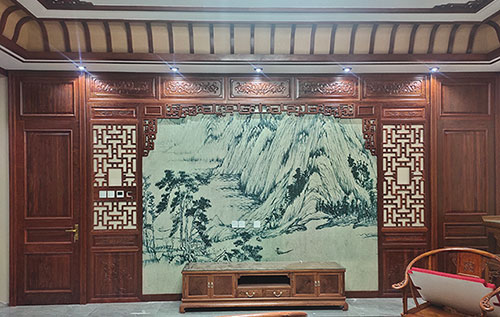 锦州中式仿古别墅客厅背景墙花格木作装饰